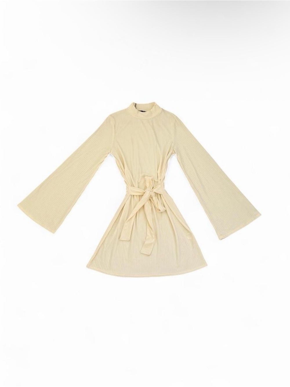 Boohoo Cream Ribbed Tie-Waist Bell Sleeve Mini Dress